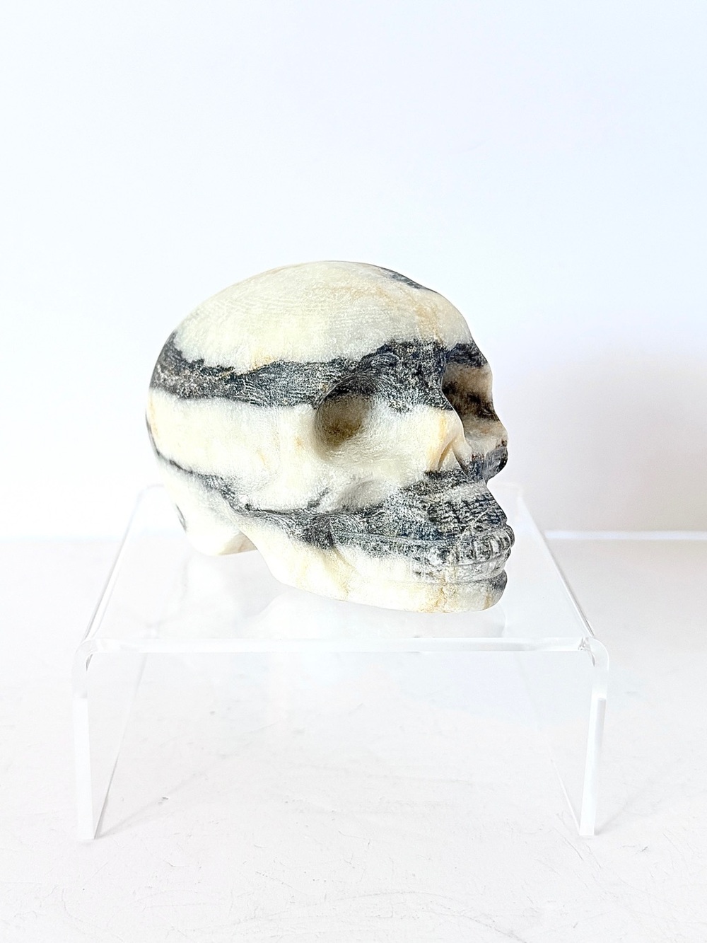 Zebra Jasper Crystal Skull Carving – Hand Carved Banded Stone Sculpture 328g